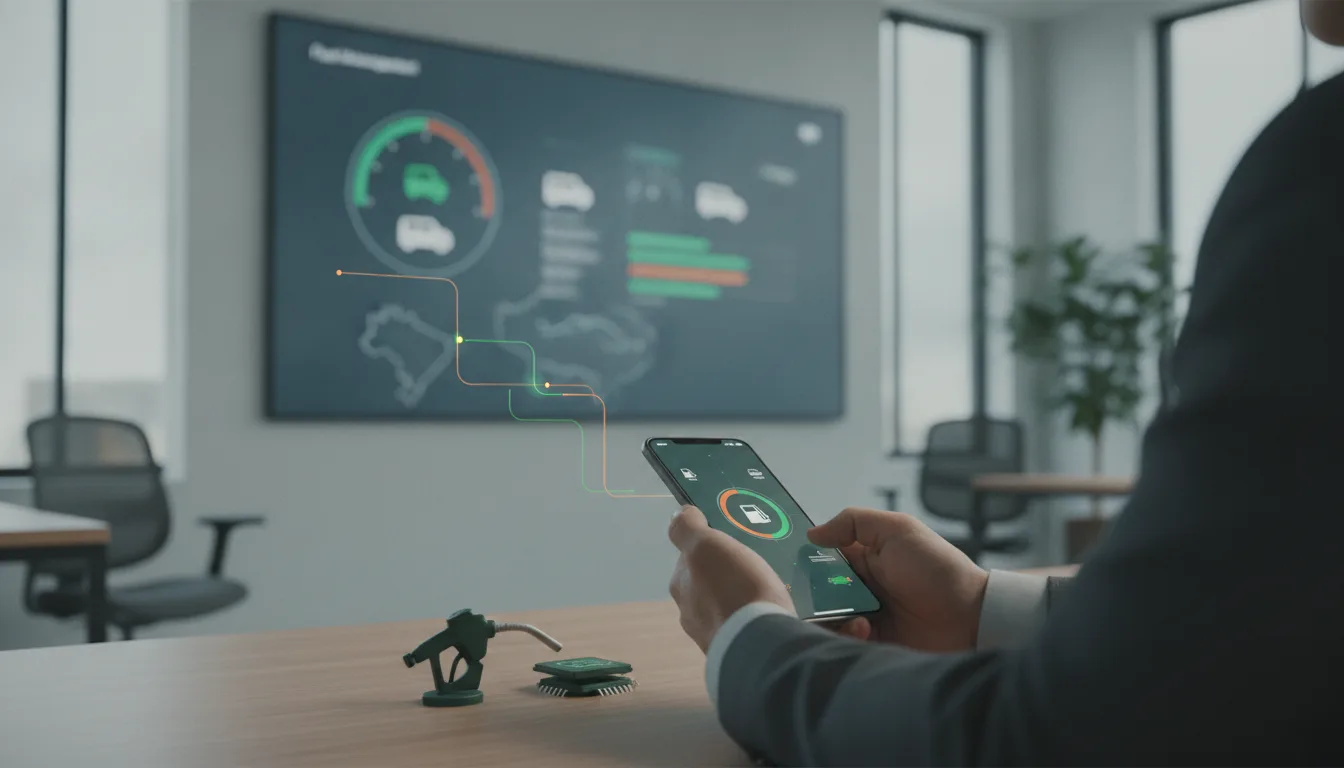 Gestor de frota analisando dados de abastecimento em um dashboard enquanto um motorista envia comprovante via WhatsApp