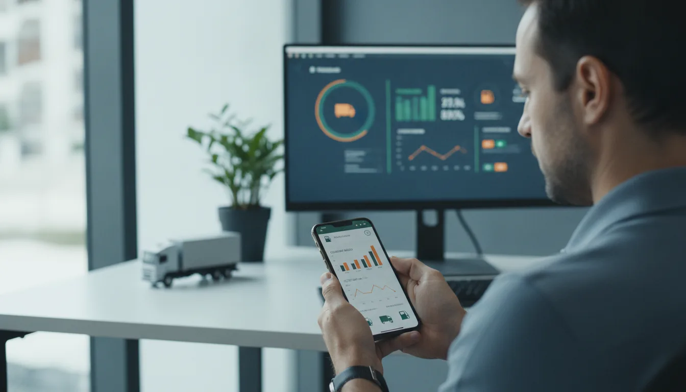 Gestor de frota analisando dados de abastecimento em um dashboard digital no celular